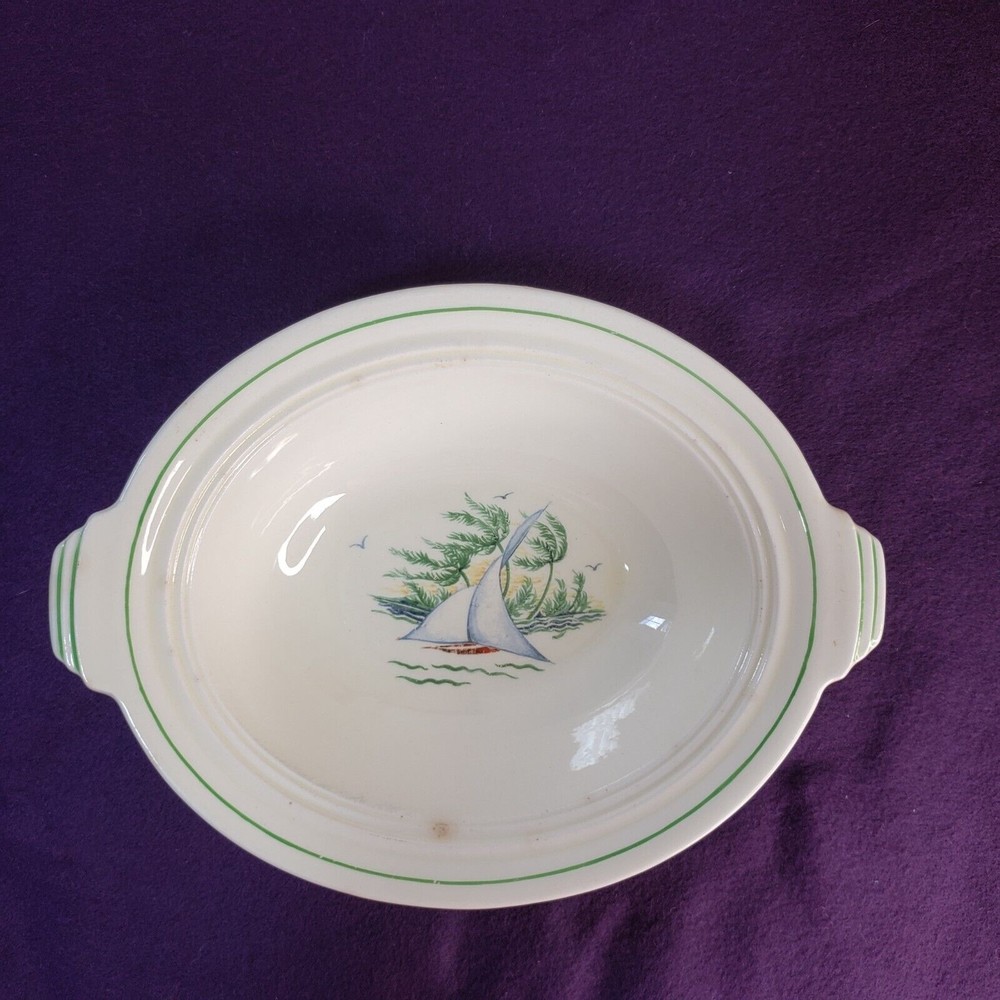 Vintage Steubenville "Sandra" Serving Bowl USA Sailboat Palm Trees Art Deco
